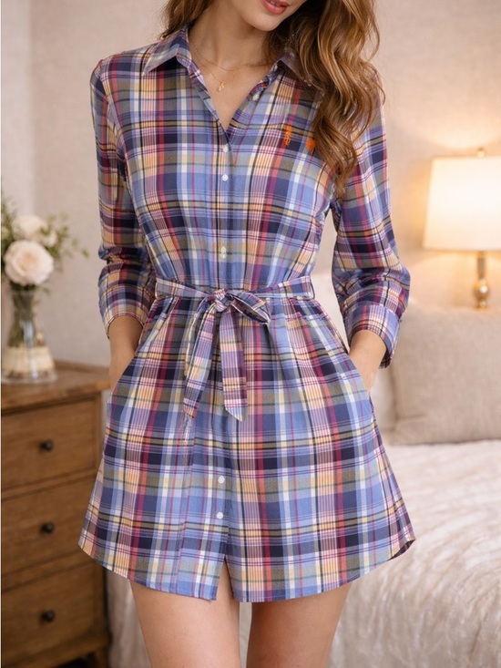 U.S. Polo Assn. Dresses & Skirts - U.S. Polo Assn Plaid Shirt Dress M Blue Red Yellow Belted Button Front NWOT